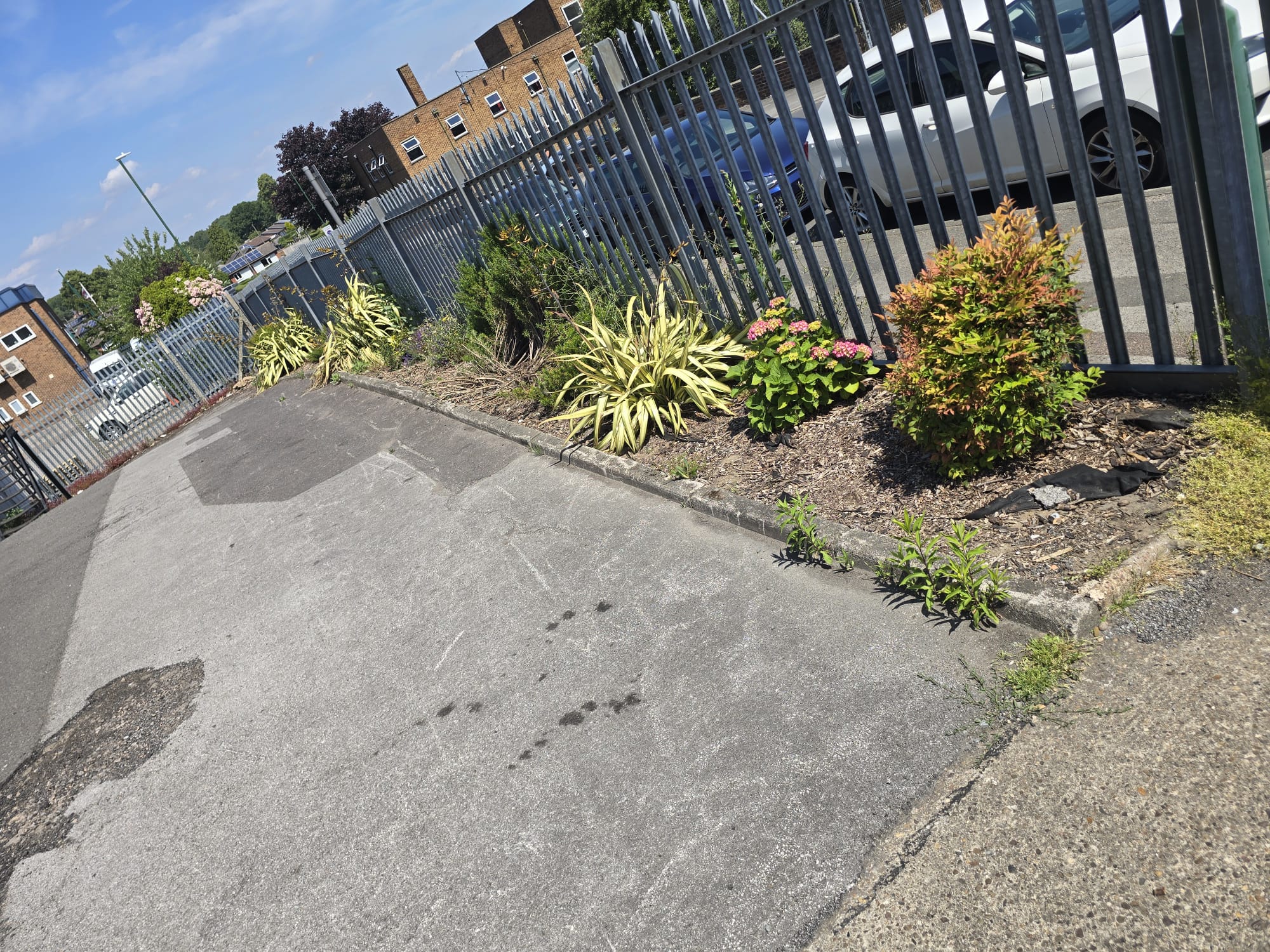 Commercial property landscaping with maintained flower beds and fencing